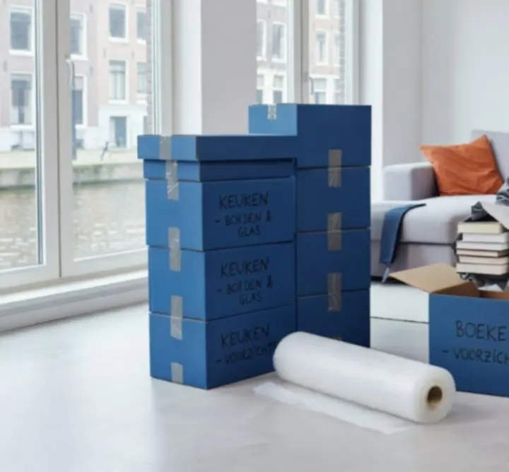 Verhuisdozen en inpakmateriaal in een woonkamer