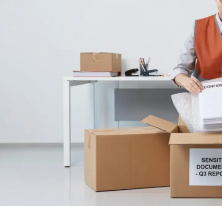 Professionele verhuizer die kantoorinventaris zorgvuldig inpakt